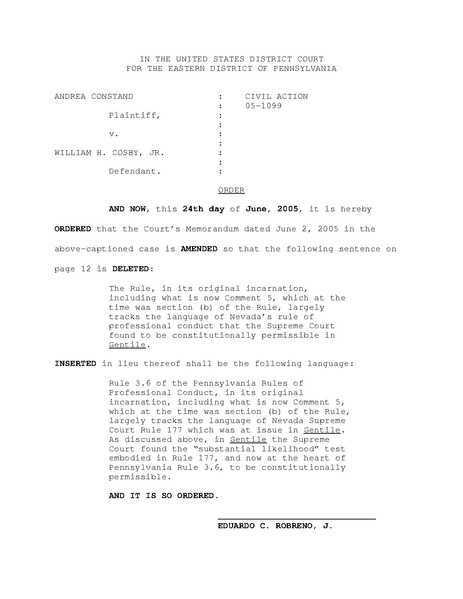 File:2005 June 24 order by Court on motions by parties in case Andrea Constand v William H Cosby Jr.pdf