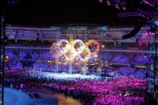 Fireworks illuminated the Olympic rings during the 2006 Winter Olympics Opening Ceremony