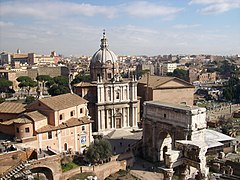 17 February 2012. A view of the Roman Forum seen from a window of the Palazzo Senatorio: at the centre the church of St. Martina and Luca; at the lower right corner the Arch of Septimius Severus
