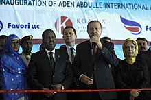 Erdogan and Somalian President Hassan Sheikh Mohamud opening the new terminal of Aden Abdulle International Airport in Mogadishu, Somalia 2015 01 25 Turkish President Visit to Somalia-1 (16176887607).jpg