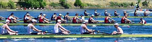 The University of Washington (foreground) at the 2019 IRA Championships where they won the Ten Eyck Trophy 2019 IRA.jpg