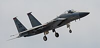 A US Air Force F-15C Eagle, tail number 81-0034, on final approach at Kadena Air Base in Okinawa, Japan. It is assigned to the 67th Fighter Squadron at Kadena AB.