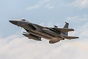 An F-15C Eagle, tail number 86-0160, taking off from RAF Lakenheath in the United Kingdom. The aircraft is assigned to the 493rd Fighter Squadron.