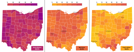 Vote share of Bernie Moreno (left), Matt Dolan (center), Frank LaRose (right) by counties 2024 Ohio US Senate Republican primary election, candidate vote share.svg