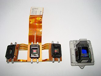 3 monochrome sensors and color separation prism from Sony DCR-VX100E camera 3CCD sensors and separation prism.jpg