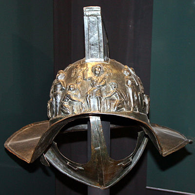 19de-eeuwse replica van een in Pompeï gevonden helm van een hoplomachus of Samniet