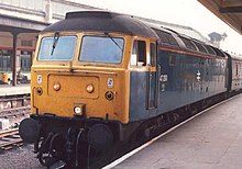 Class 47/0 47293 with a relief passenger train at York station in 1987 47293 York 1987.jpg