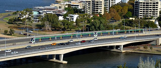 Transperth B-series train passing across the Narrows Bridge