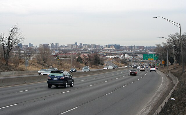 The 6th Avenue Freeway in Denver, looking east from Knox Court