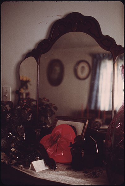 File:A VALENTINE CANDY BOX BRIGHTENS THE DRESSER IN THE BEDROOM OF THE HERSHAL AND MAI SHREWBURY HOME NEAR BECKLEY, WEST... - NARA - 556475.jpg