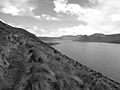 A black and white photo of a lake in the Andes Mountains.jpeg