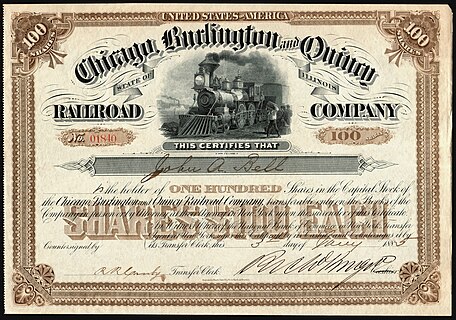 Stock exchange certificate of Chicago, Burlington and Quincy Railroad Company, 1885.