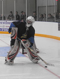 Amherstburg's goalie playing the puck at their 2013 home opener. Amherstburg Admirals goalie.JPG