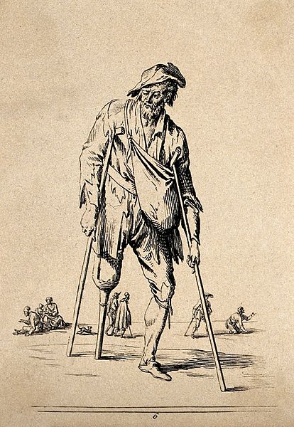 File:An old man on crutches with a wooden leg. Etching by Jean Du Wellcome V0020414EL.jpg