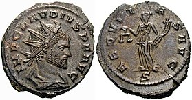Aequitas on the reverse of this antoninianus struck under Claudius II. The goddess is holding her symbols, the balance and the cornucopia. Antoninianus Claudius II-RIC 0137.jpg