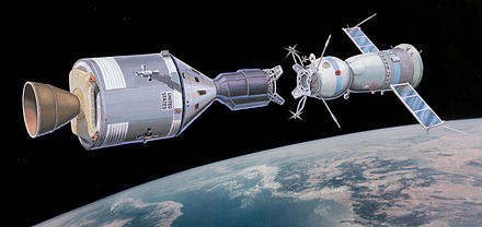 Artist's rendering of an Apollo CSM about to dock with a Soyuz spacecraft.