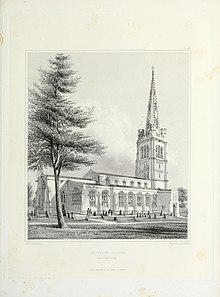 The church as illustrated in 1843 Architectural illustrations of Kettering Church, Northamptonshire (1843) (14778786531).jpg