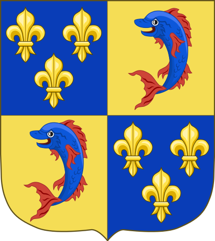 Arms of the Dauphin of France, depicting the fleur-de-lis and the dolphin.