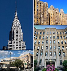 Examples of Art Deco architecture. The buildings feature showy metal finishes, polychromatic terra cotta designs, and zigzagging brickwork.