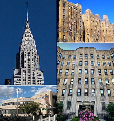 Examples of Art Deco architecture. The buildings feature showy metal finishes, polychromatic terra cotta designs, and zigzagging brickwork.