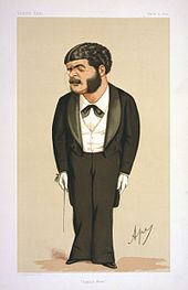 Colour cartoon of Sullivan standing, in concert dress, wearing a monocle, ready to conduct