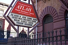 A sign disparaging Barack Obama outside the Atlah World Missionary Church in the former Harlem Club at 123rd Street and Lenox Avenue Atlah Sign.jpg