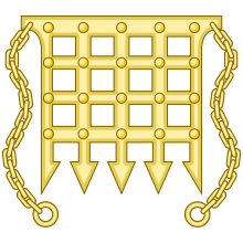 Heraldic badge of the House of Beaufort: A portcullis chained or, believed to represent the portcullis defending the gate of Castle Beaufort in Champagne, birthplace of John Beaufort 1st Earl of Somerset. Today it continues to be used as the badge of two officers of the College of Arms in London, namely the Somerset Herald and the Portcullis Pursuivant, is the symbol of the British House of Commons and has appeared on several British coins. Badge of the Portcullis Pursuivant.svg