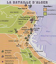 Map of Algiers showing: Muslim quarters (green), European quarters (orange) and attacks by the FLN and counterattacks Bataille d'Alger.jpg