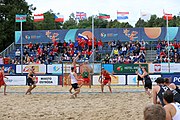 Deutsch: Beachhandball Europameisterschaften 2019 (Beach handball Euro); Tag 6: 7. Juli 2019 – Spiel um Platz Drei, Männer, Ungarn-Russland 2:0 (26:20, 23:22) English: Beach handball Euro; Day 6: 7 July 2019 – Men's Bronze Medal Match – Hungary-Russia 2:0 (26:20, 23:22)