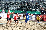 Deutsch: Beachhandball Europameisterschaften 2019 (Beach handball Euro); Tag 1: 2. Juli 2019 – Männer, Vorrunde Gruppe D, Frankreich-Montenegro 2:0 (19:7, 18:9) English: Beach handball Euro; Day 1: 2 July 2019 – Men Preliminary Round Group D – France-Montenegro 2:0 (19:7, 18:9)