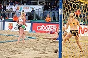 Deutsch: Beachhandball Europameisterschaften 2019 (Beach handball Euro); Tag 5: 6. Juli 2019 – Frauen, Halbfinale, Ungarn-Niederlande 2:0 (19:16, 15:12) English: Beach handball Euro; Day 5: 6 July 2019 – Semifinal Women – Hungary-Netherlands 2:0 (19:16, 15:12)