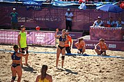 Deutsch: Beachhandball bei den Olympischen Jugendspielen 2018; Tag 3, 10. Oktober 2018; Mädchen, Vorrunde, Gruppe B - Niederlande-Argentinien 2:0 English: Beach handball at the 2018 Summer Youth Olympics at 10 October 2018 – Girls Preliminary Round Group B‎ – Netherlands-Argentina 2:0