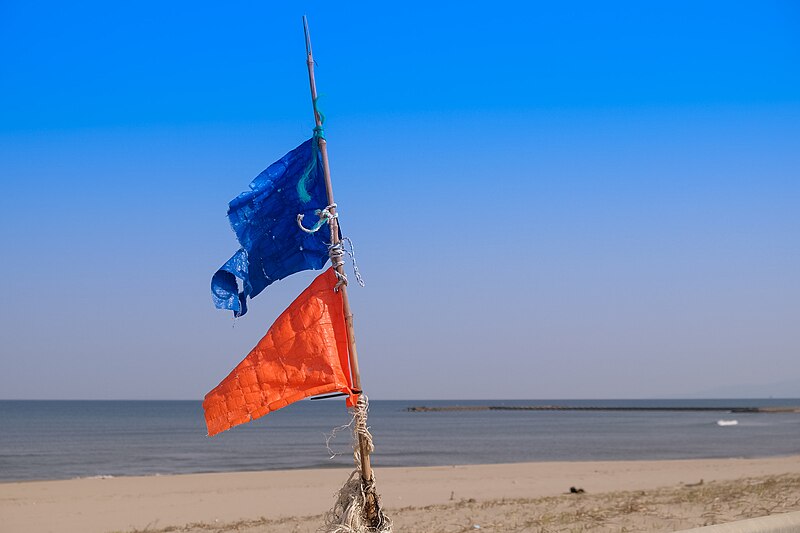 File:Blue and orange flags on a beach in Japan (153687519).jpg