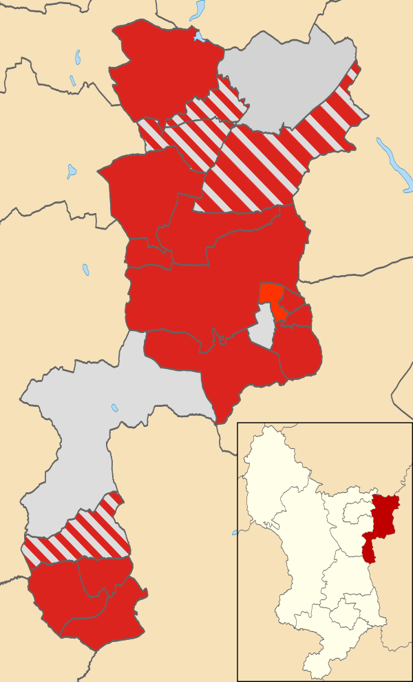 Map of the results of the 2007 Bolsover District Council election. Labour in red, independents in light grey, Whitwell Residents Association in grey and Respect Party in light red.