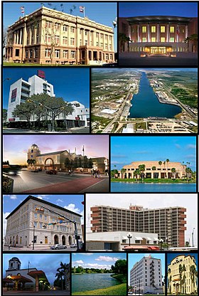 Images from left to right, top to bottom: Cameron County Courthouse, Reynaldo G. Garza & Filemon B. Vela Courthouse, Cameron County Administrative Building, Port of Brownsville, Brownsville Metro, Texas Southmost College, U.S. Post Office, Villa del Sol Apartments, Market Square, Resaca, Hotel El Jardin, Lone Star National Bank Tower