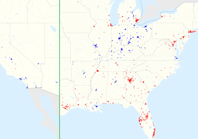 Map of locations   (red: Checkers, blue: Rally's) Checkers and Rally's footprint.png