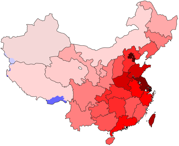 A population density map of the territories governed by the PRC and the ROC. The eastern, coastal provinces are much more densely populated than the western interior because of the historical access to water.