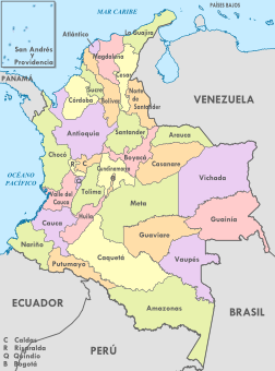 A map of Colombia divided into the different departments. Colombia, administrative divisions - es - colored (+box).svg