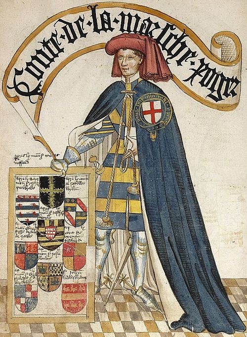 Conte de la Marsche, Roger, illustration from the Bruges Garter Book, c.1450. He displays the arms of Mortimer on his tabard.