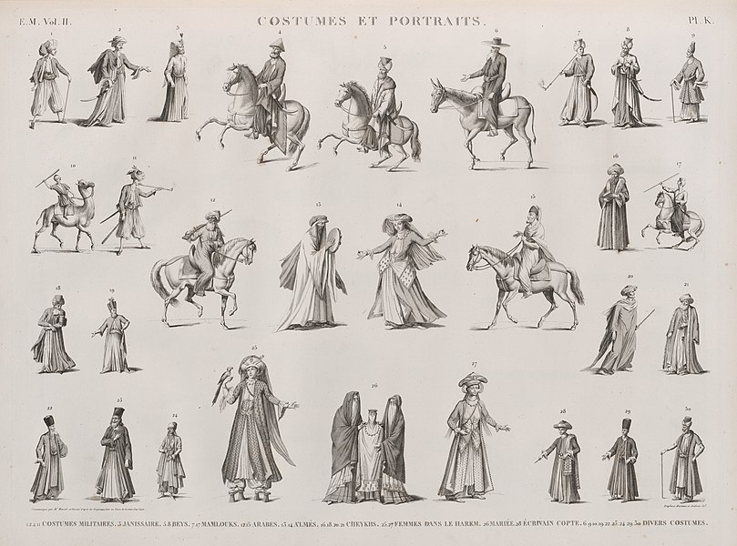 Pl.K - 1.2.4.11. Costumes militaires; 3. Janissaire; 5.8. Beys; 7.17. Mamlouks; 12.15. Arabes; 13.14. A'lmés; 16.18.20.21. Cheykhs; 25.27. Femmes dans le harem; 26. Mariée