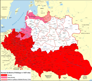 1635년 폴란드-리투아니아 내의 폴란드 왕국 (빨간색)의 왕관령.
