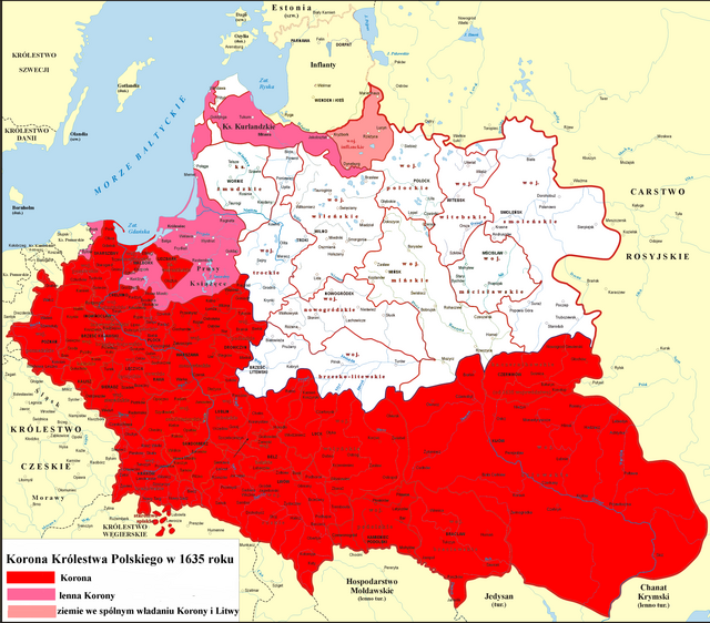 1635년 폴란드-리투아니아 내의 폴란드 왕국 (빨간색)의 왕관령.