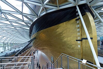 The metal sheathing of Cutty Sark, made from the copper alloy Muntz metal Cutty Sark stern.jpg