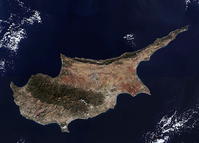 Cyprus, the third largest island in the Mediterranean. Cyprus is about 240 km long and 100 km wide.