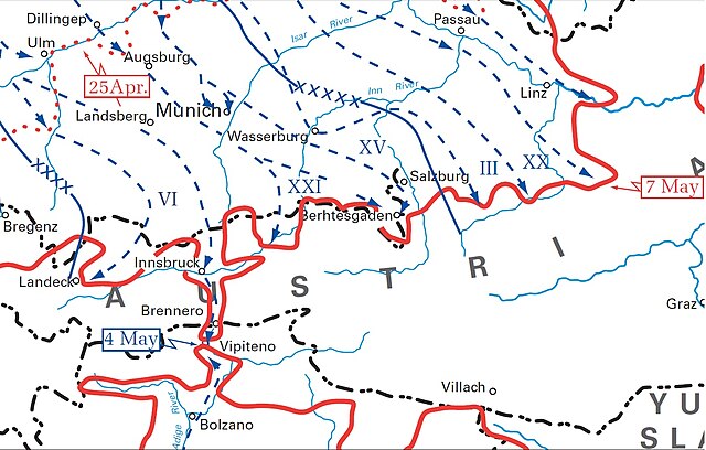 Elements of the XXI Corps reached Berchtesgaden, Germany, Wörgl, Austria, and Vipiteno, Italy by war's end