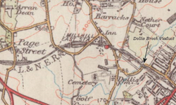 1934 Ordnance Survey map with the location of the viaduct marked Dollis Brook Viaduct map.png