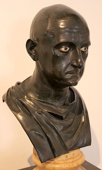 Roman bronze bust of an unknown man, traditionally identified as Scipio Africanus the Elder from the Naples National Archaeological Museum (Inv. No. 5634), dated to mid 1st century BC[43] Excavated from the Villa of the Papyri at Herculaneum by Karl Jakob Weber, 1750–65[44]
