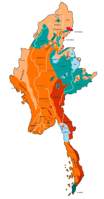 Распаўсюд бірманскай мовы (аранжавы колер) станам на 1972 год
