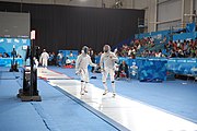 Deutsch: Fechten bei den Olympischen Jugend-Sommerspielen 2018: Tag 1, 7. Oktober 2018, Jungen, Säbel, Viertelfinale - Samuel Jarry (FRA) - Mazen Elaraby (EGY) 14:15 English: Fencing at the 2018 Summer Youth Olympics at 7 October 2018 – Boys' sabre Quarterfinals – Samuel Jarry (FRA) Vs Mazen Elaraby (EGY) 14:15