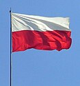 A flagpole with a flag attached to the top that is blowing in the wind and is divided in half by colour, the top being white and the bottom being red